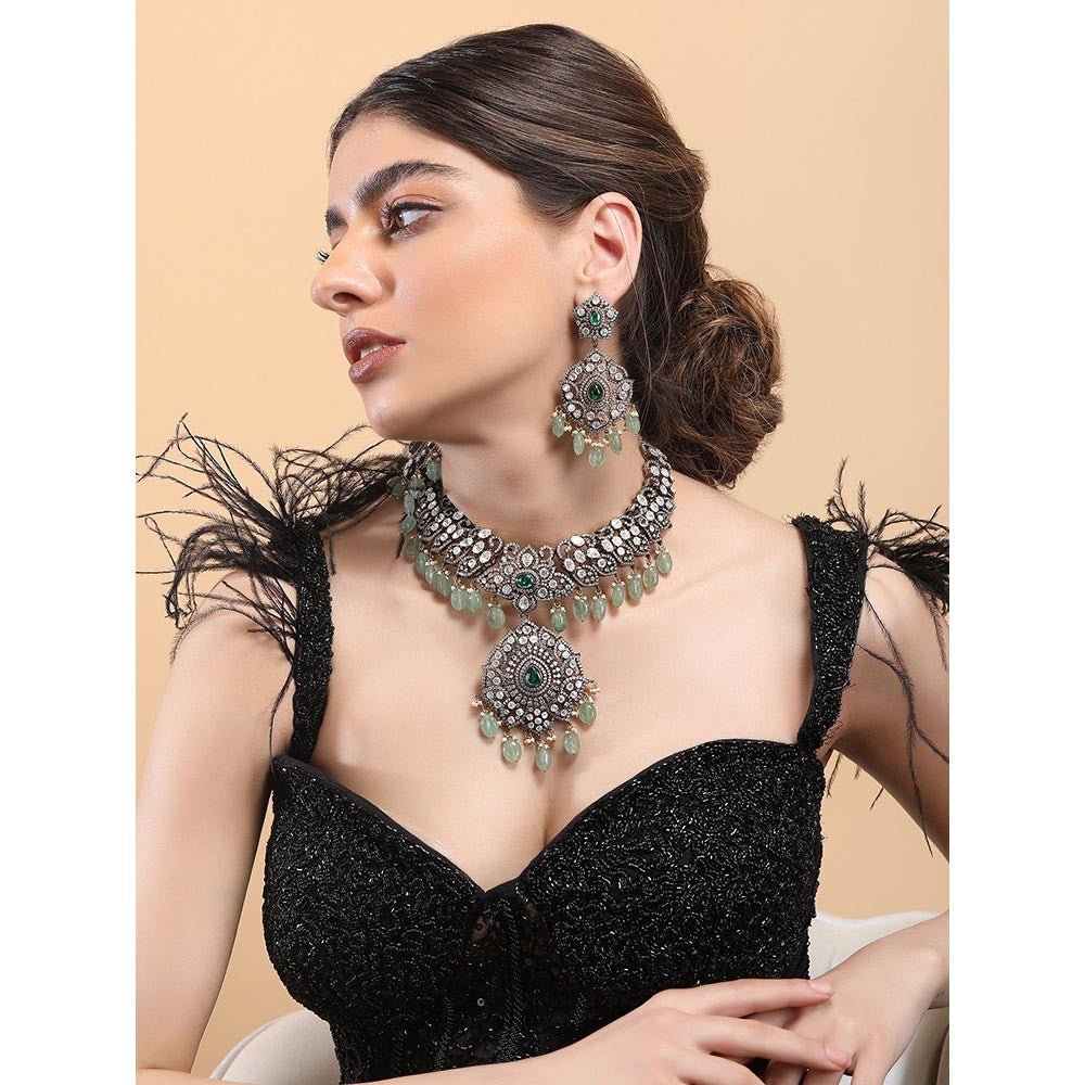 Auraa Trends Rhodium Plated American Diamond Zircon Green Jewellery Set