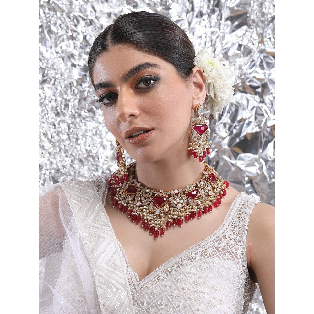 Auraa Trends 22Kt Gold Plated Kundan Red Jewellery Set