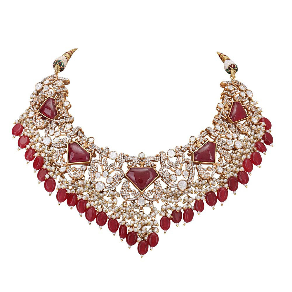 Auraa Trends 22Kt Gold Plated Kundan Red Jewellery Set