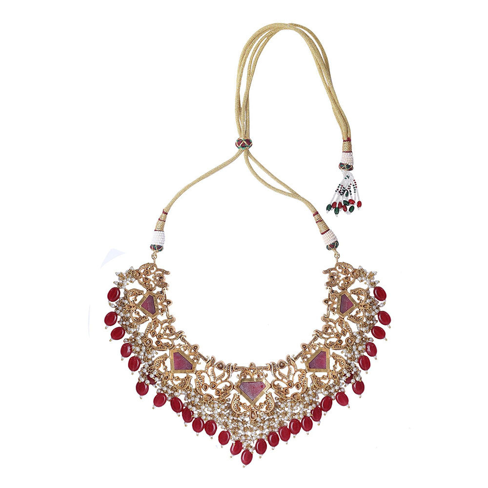 Auraa Trends 22Kt Gold Plated Kundan Red Jewellery Set