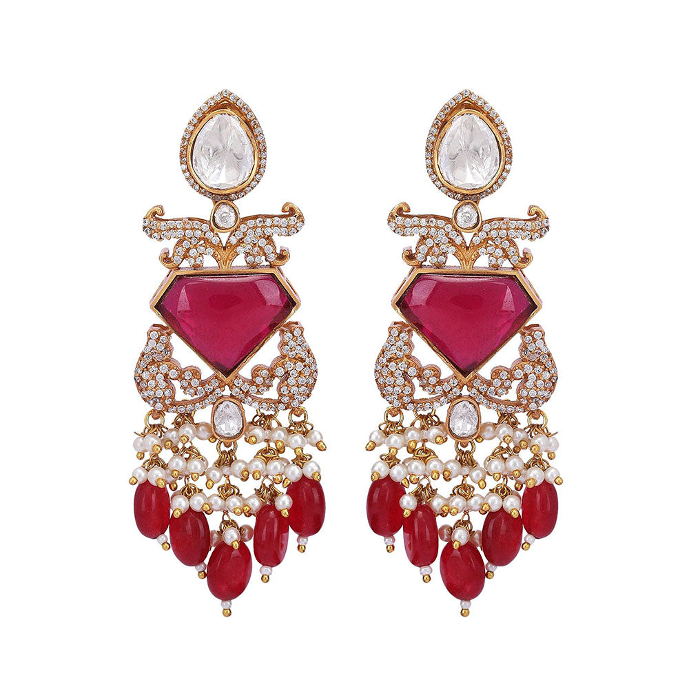 Auraa Trends 22Kt Gold Plated Kundan Red Jewellery Set