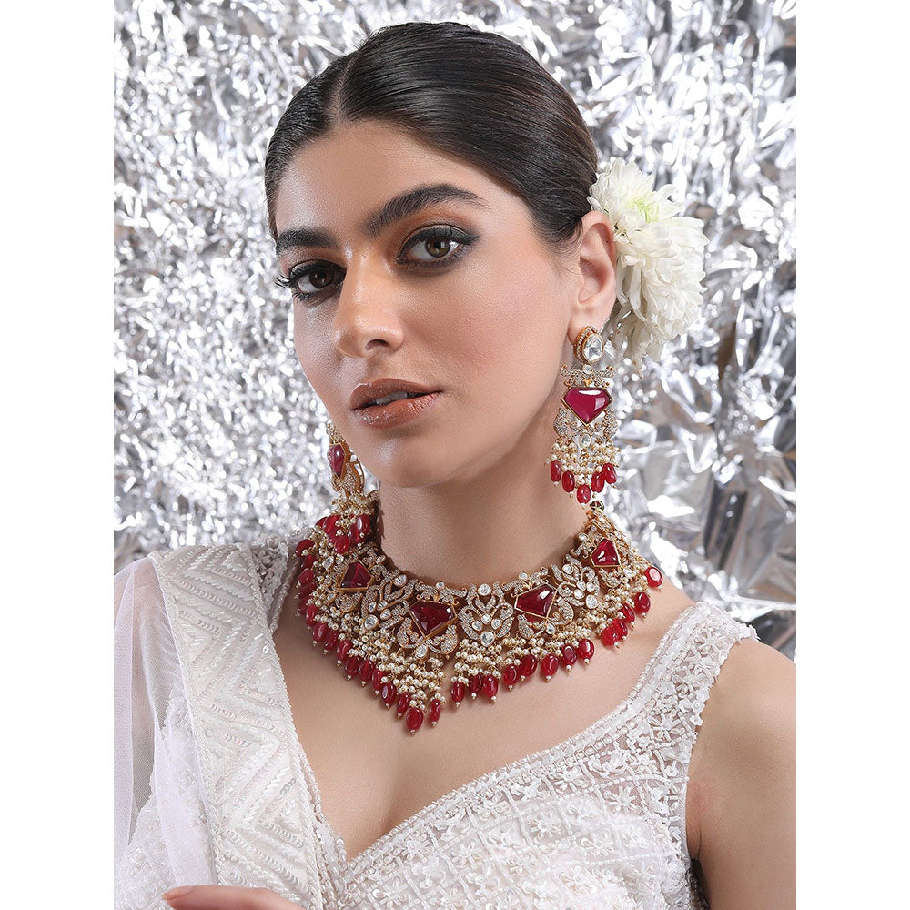Auraa Trends 22Kt Gold Plated Kundan Red Jewellery Set