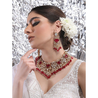 Auraa Trends 22Kt Gold Plated Kundan Red Jewellery Set