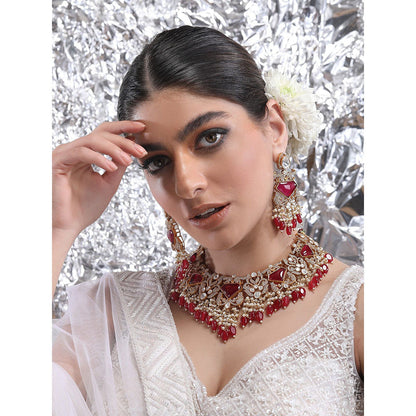 Auraa Trends 22Kt Gold Plated Kundan Red Jewellery Set