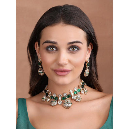 Auraa Trends Gold Finish Green Kundan Polka Choker Jewellery Set