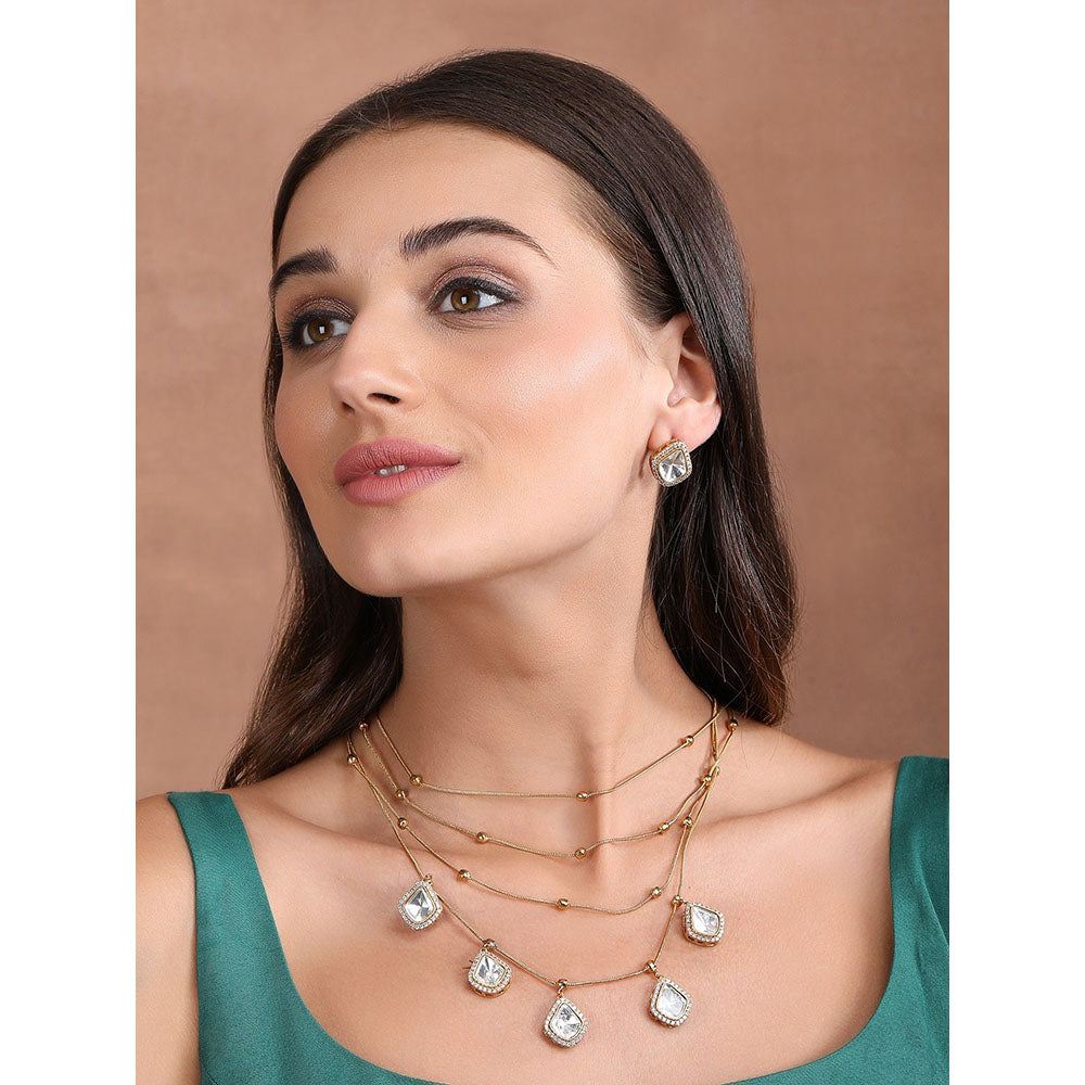 Auraa Trends Gold Finish Kundan Polka & Pearl Layered Chain Jewellery Set