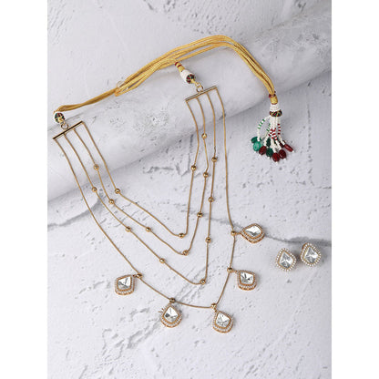 Auraa Trends Gold Finish Kundan Polka & Pearl Layered Chain Jewellery Set
