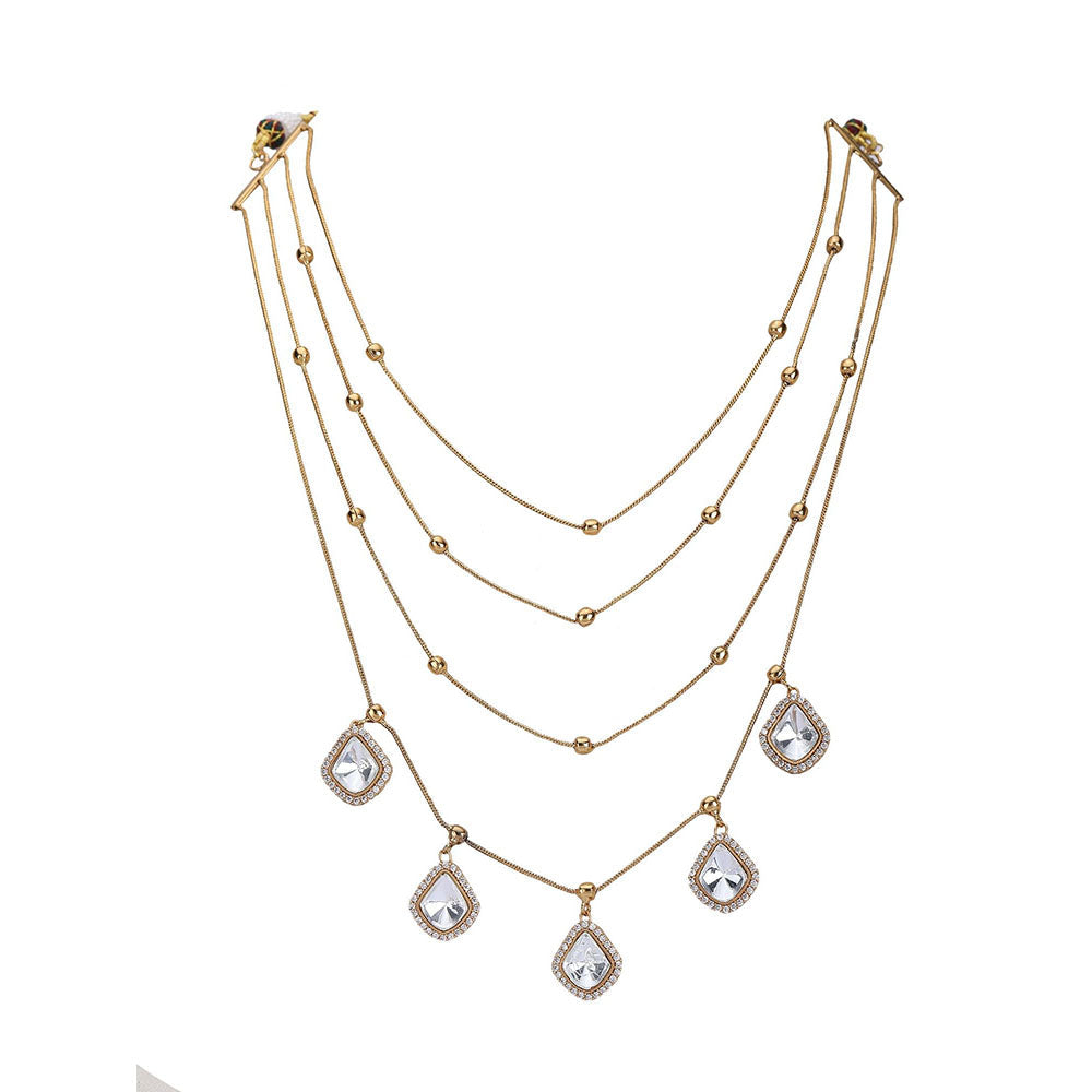 Auraa Trends Gold Finish Kundan Polka & Pearl Layered Chain Jewellery Set