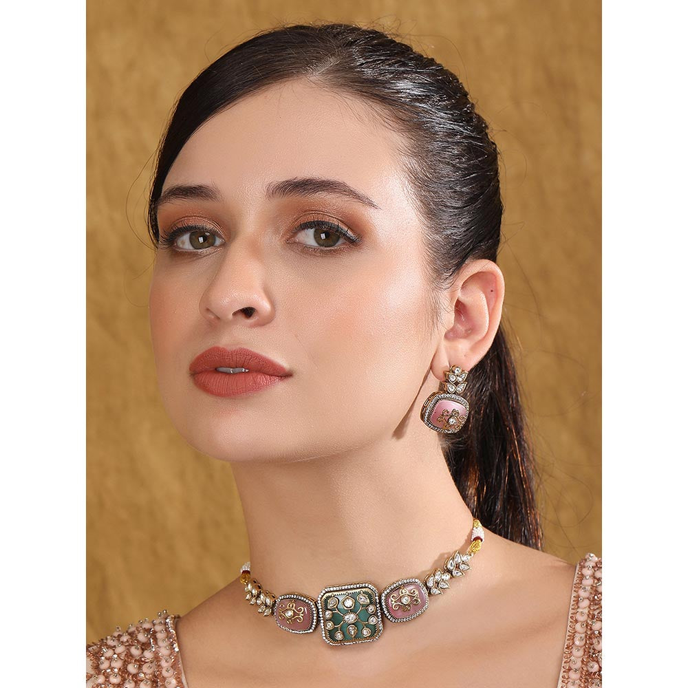 Auraa Trends Pink and Green Stone Necklace with Earrings