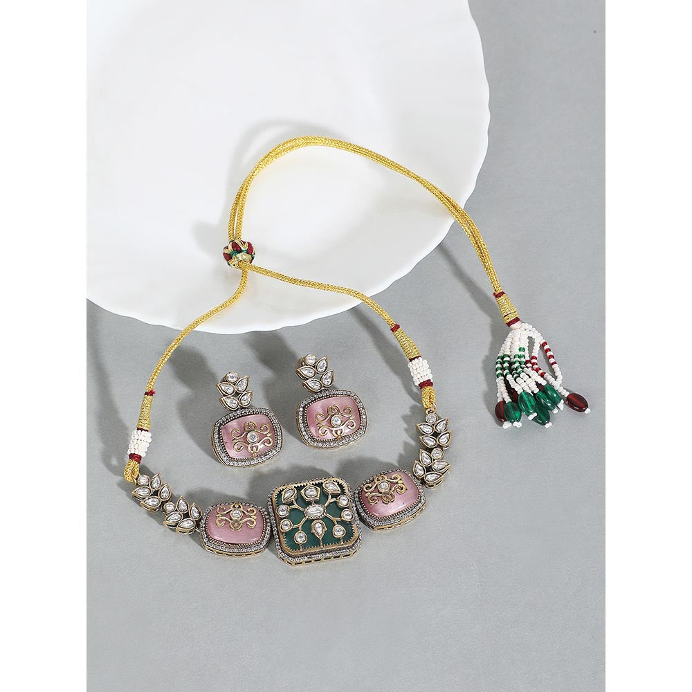 Auraa Trends Pink and Green Stone Necklace with Earrings