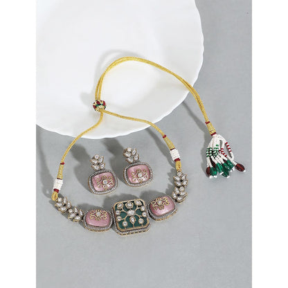 Auraa Trends Pink and Green Stone Necklace with Earrings
