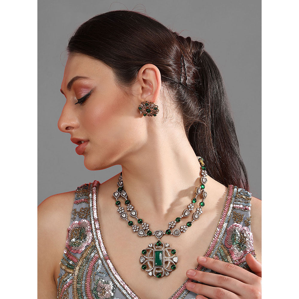 Auraa Trends Green Two Tone Finish Zircon Necklace with Earrings