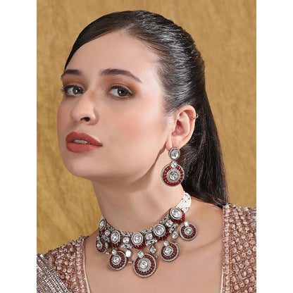 Auraa Trends Maroon Beads Dazzling Stones Choker Necklace and Earrings