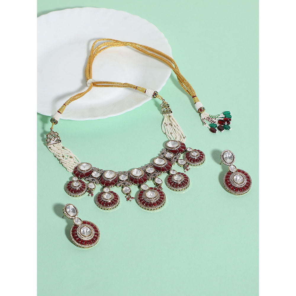 Auraa Trends Maroon Beads Dazzling Stones Choker Necklace and Earrings