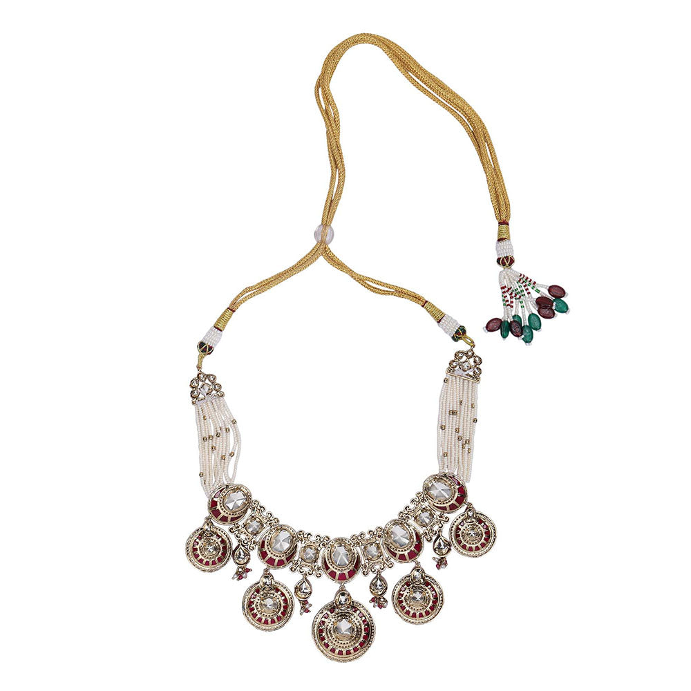 Auraa Trends Maroon Beads Dazzling Stones Choker Necklace and Earrings