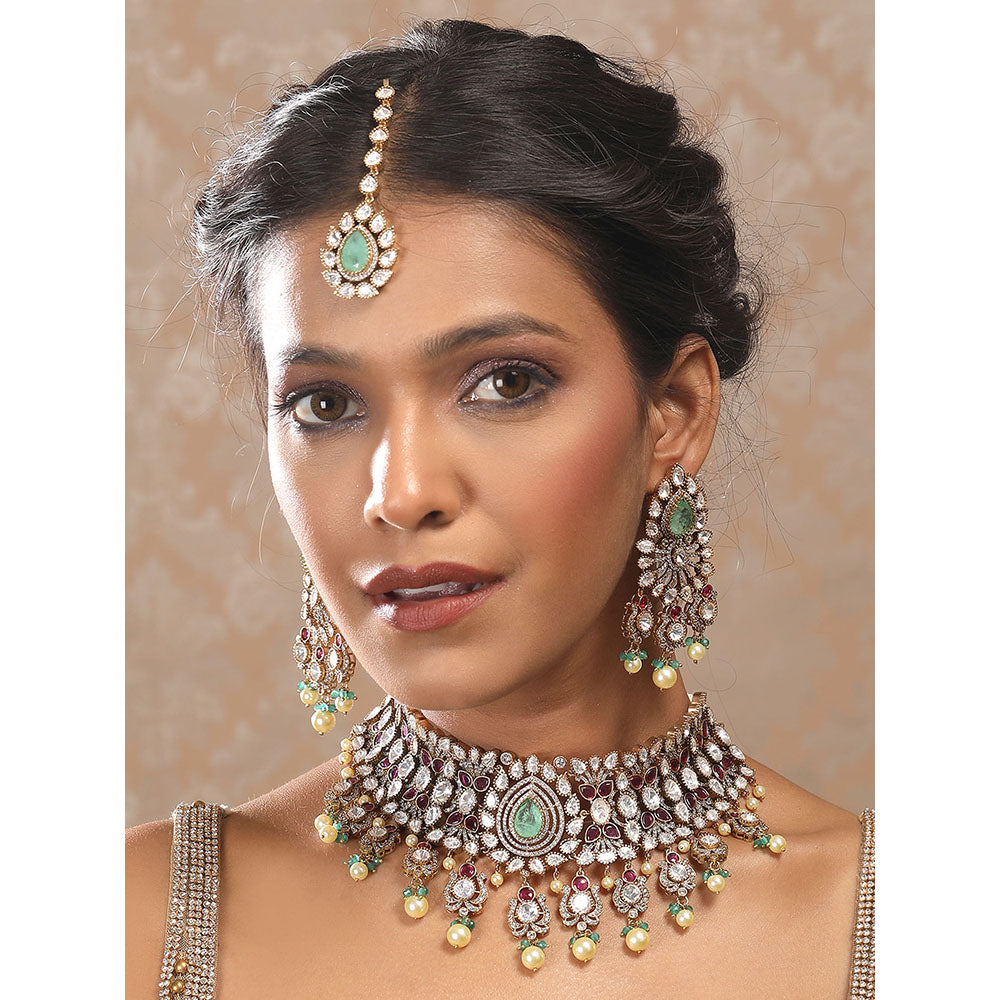 Auraa Trends Multi-Color Stone Bridal Necklace with Earrings and Maangtika