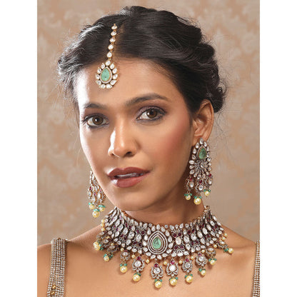 Auraa Trends Multi-Color Stone Bridal Necklace with Earrings and Maangtika