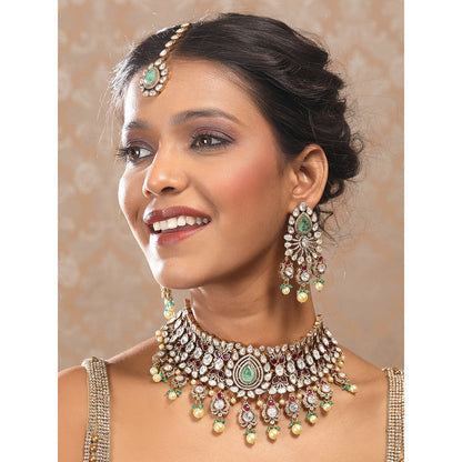 Auraa Trends Multi-Color Stone Bridal Necklace with Earrings and Maangtika