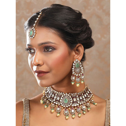Auraa Trends Multi-Color Stone Bridal Necklace with Earrings and Maangtika