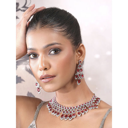 Auraa Trends Woman Red Silver Color Necklace with Earrings Set