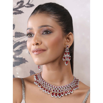 Auraa Trends Woman Red Silver Color Necklace with Earrings Set