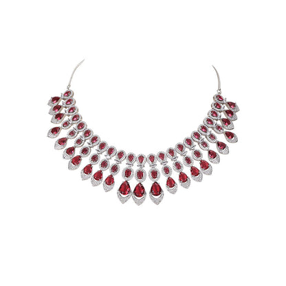 Auraa Trends Woman Red Silver Color Necklace with Earrings Set
