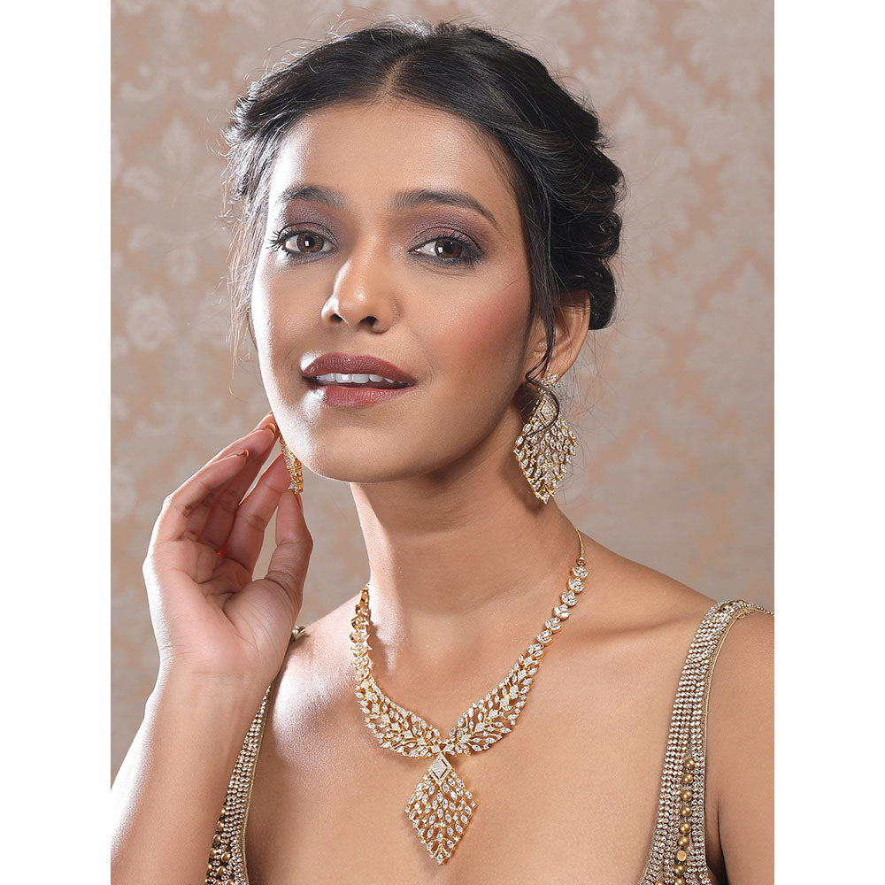 Auraa Trends Gold and Diamond Statement Necklace with Earrings