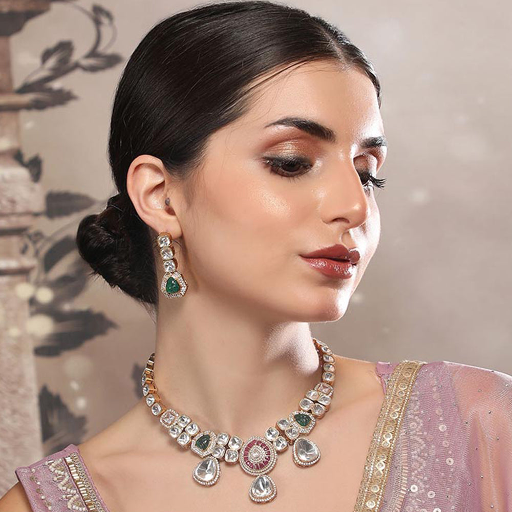 Auraa Trends Elegant Polki Ruby and Emerald Accents Necklace Set