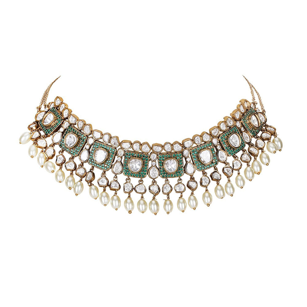 Auraa Trends Green Royal Kundan Pearl Choker Necklace Set