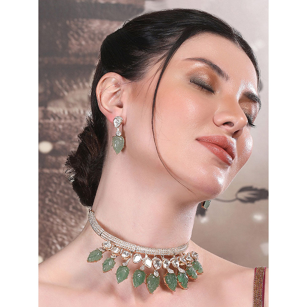 Auraa Trends Green Leaf Motifs and Crystal Accents Green Gold Plated Necklace with Earrings