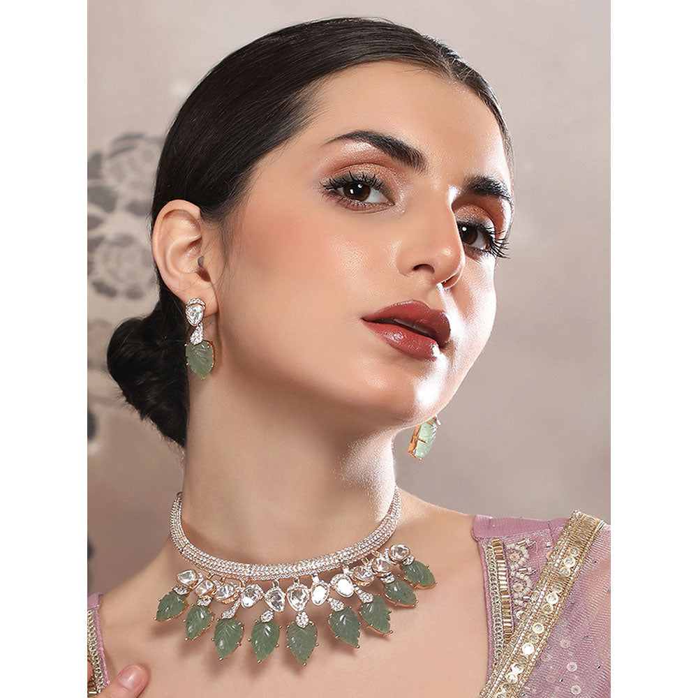 Auraa Trends Green Leaf Motifs and Crystal Accents Green Gold Plated Necklace with Earrings