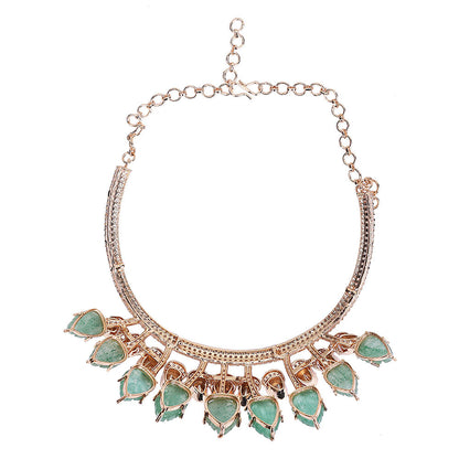 Auraa Trends Green Leaf Motifs and Crystal Accents Green Gold Plated Necklace with Earrings
