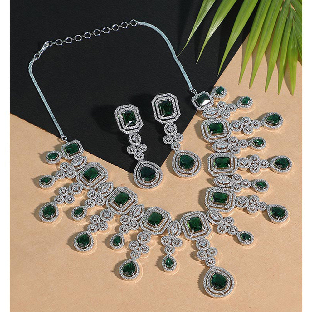 Auraa Trends Luxurious Emerald and Diamond Studded Silver Necklace with Earrings