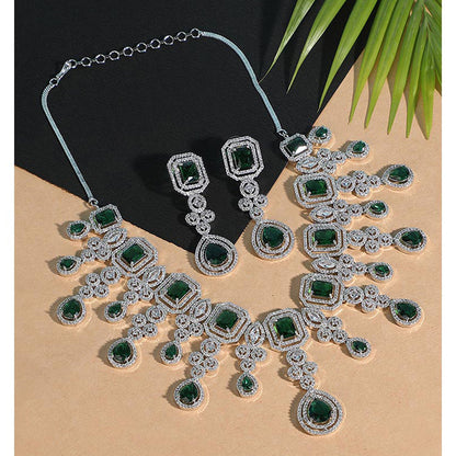 Auraa Trends Luxurious Emerald and Diamond Studded Silver Necklace with Earrings