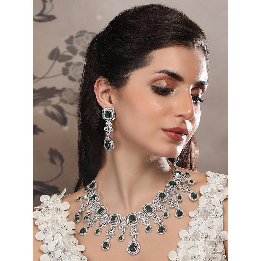 Auraa Trends Luxurious Emerald and Diamond Studded Silver Necklace with Earrings