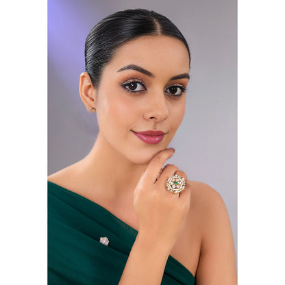 Auraa Trends Gold Finish Gemstone Floral Ring