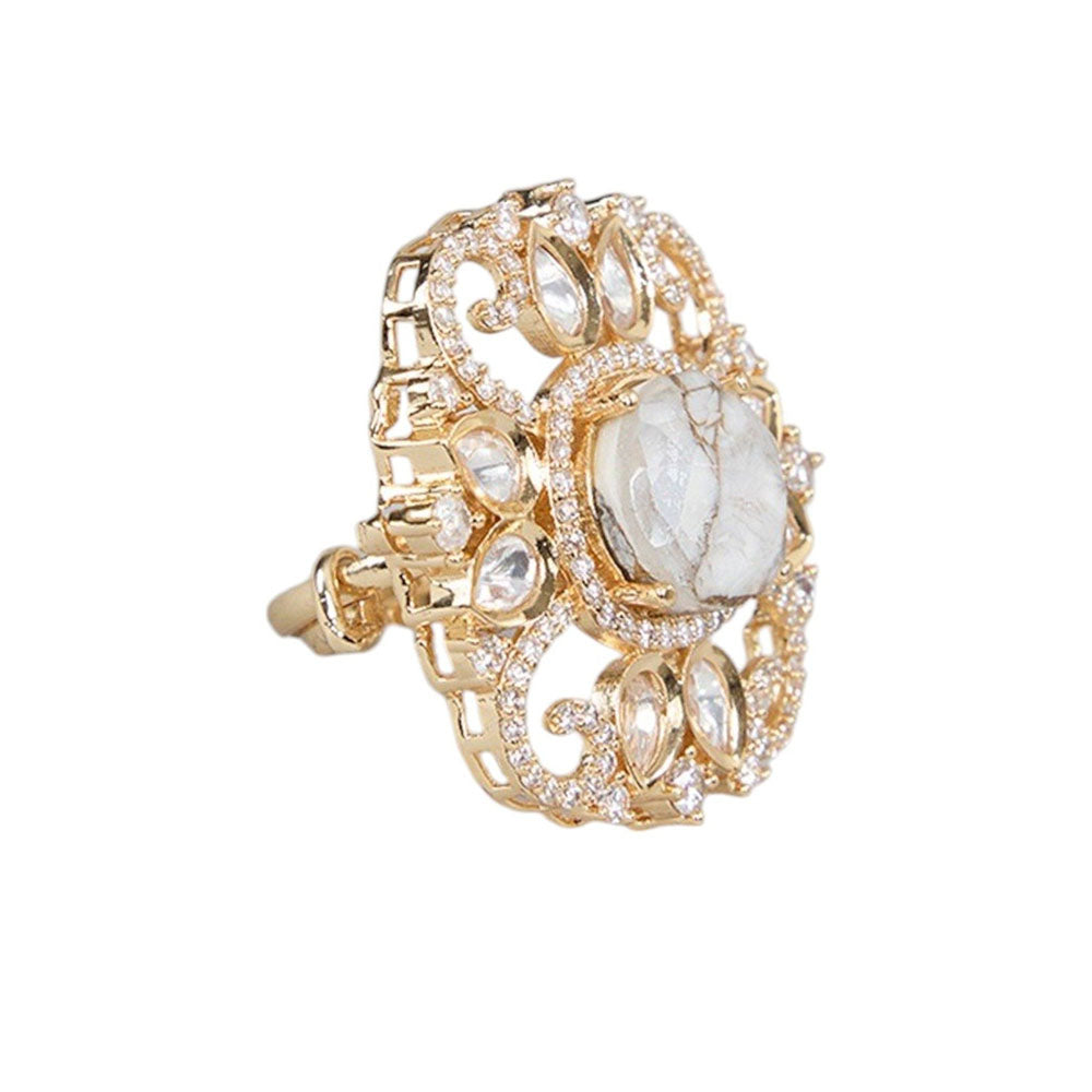 Auraa Trends Gold Finish Kundan Polki Floral Moissanite Ring