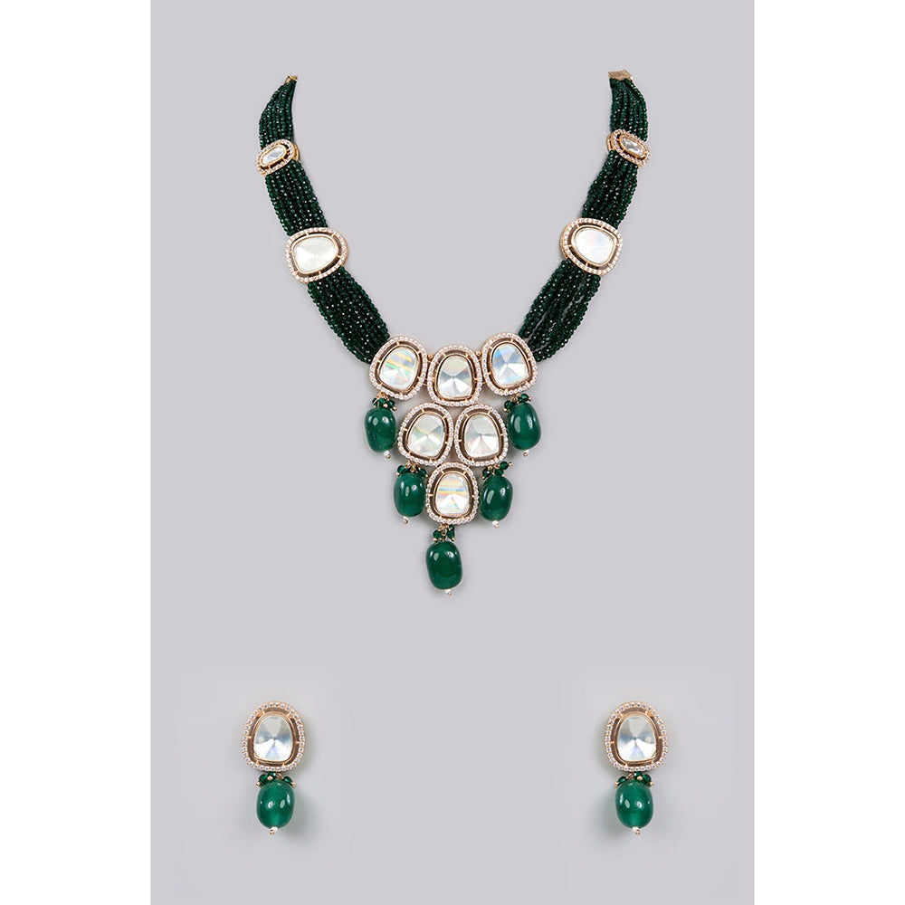 Auraa Trends Gold Finish Kundan Polki and Emerald Green Beaded Necklace Set