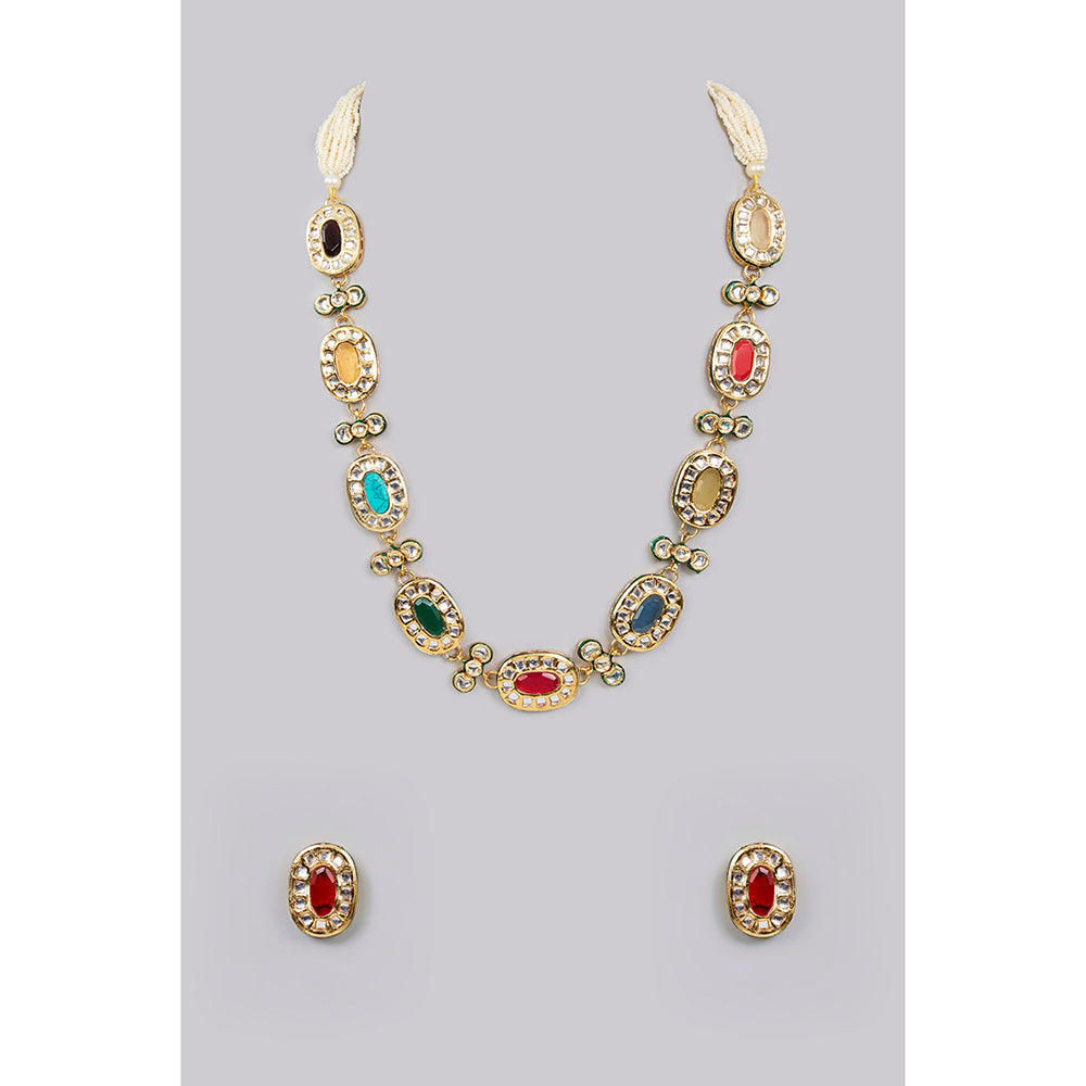Auraa Trends Gold Finish Multi-Colored Gemstone Necklace & Earrings Set