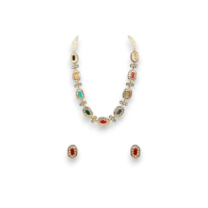 Auraa Trends Gold Finish Multi-Colored Gemstone Necklace & Earrings Set