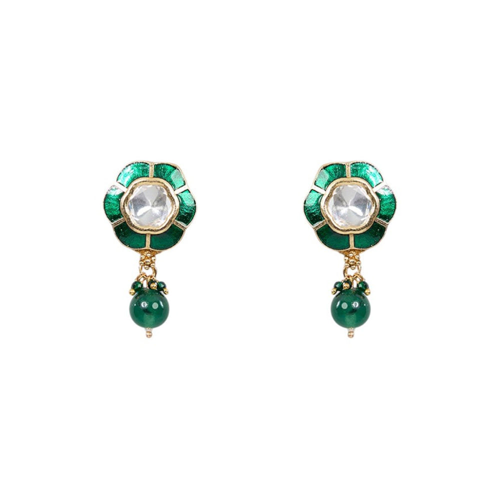 Auraa Trends Multi-Color Antique Gold Finish Kundan Polki and Green Stone Necklace & Earrings Set