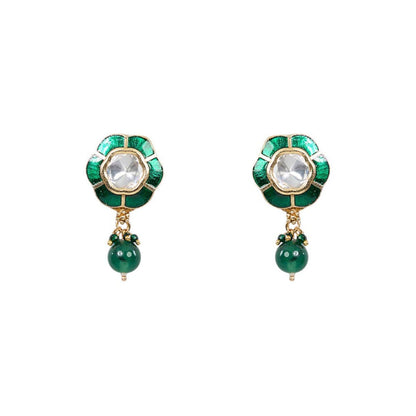 Auraa Trends Multi-Color Antique Gold Finish Kundan Polki and Green Stone Necklace & Earrings Set