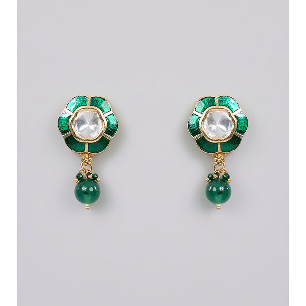 Auraa Trends Multi-Color Antique Gold Finish Kundan Polki and Green Stone Necklace & Earrings Set