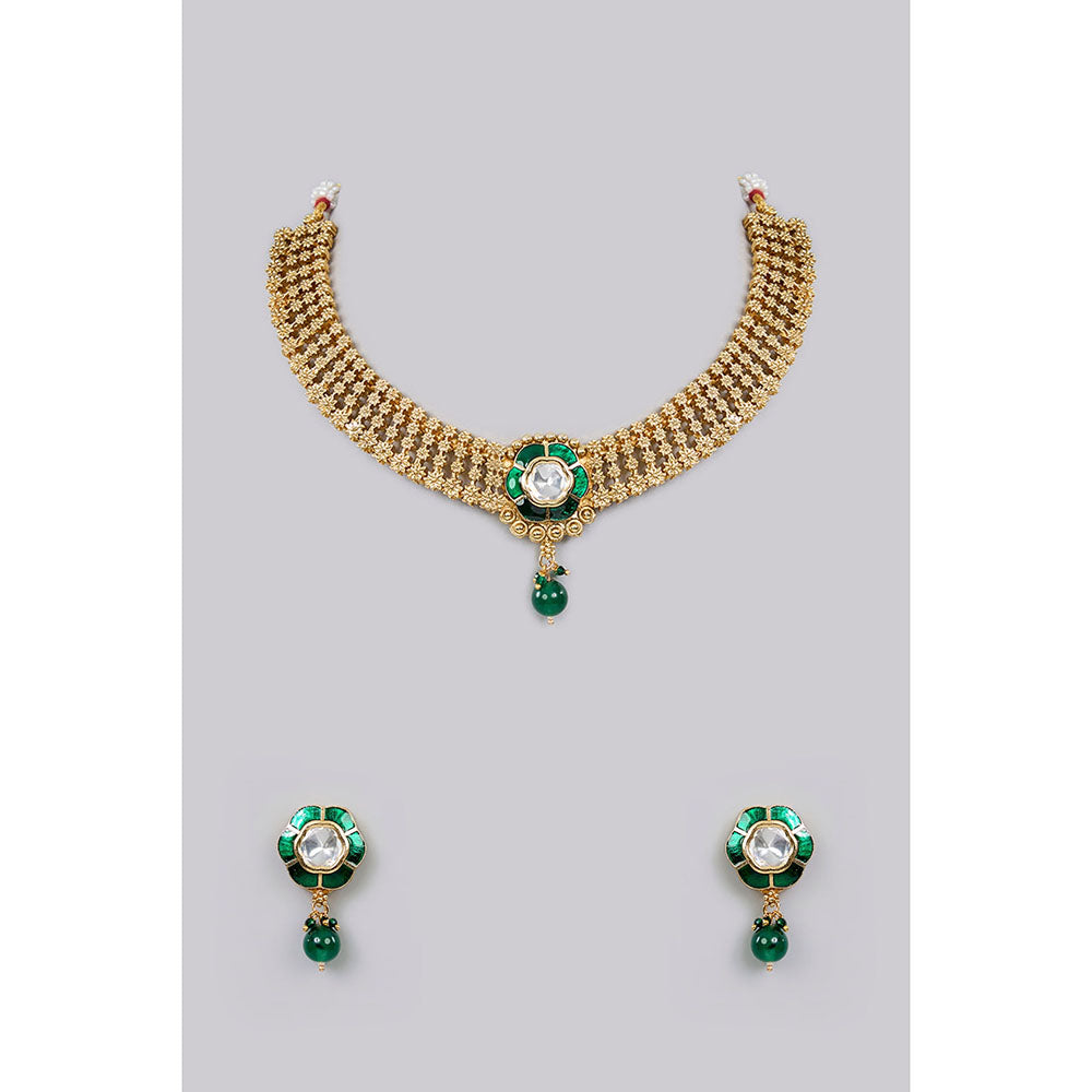 Auraa Trends Multi-Color Antique Gold Finish Kundan Polki and Green Stone Necklace & Earrings Set