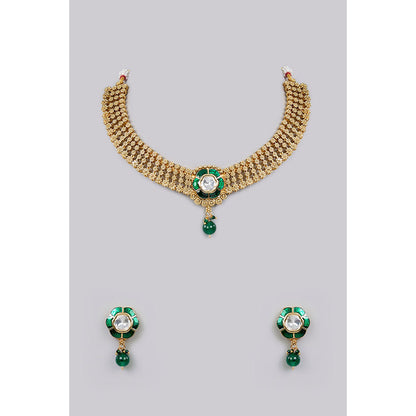 Auraa Trends Multi-Color Antique Gold Finish Kundan Polki and Green Stone Necklace & Earrings Set