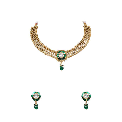 Auraa Trends Multi-Color Antique Gold Finish Kundan Polki and Green Stone Necklace & Earrings Set