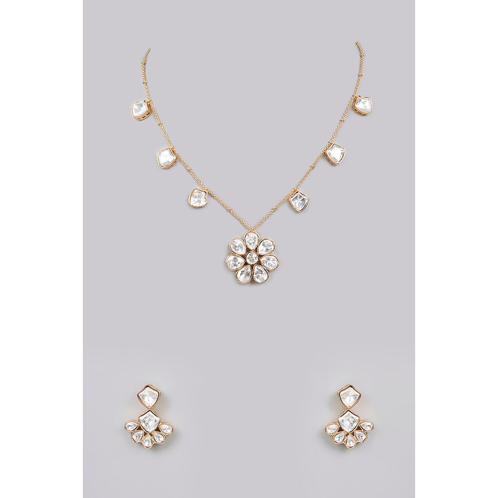 Auraa Trends White Gold Finish Kundan Polki Pendant Necklace & Earrings Set