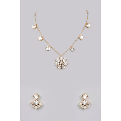 Auraa Trends White Gold Finish Kundan Polki Pendant Necklace & Earrings Set