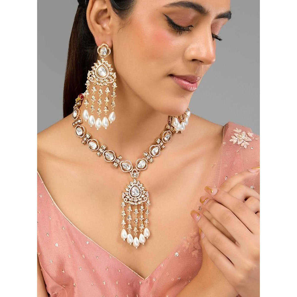 Auraa Trends Elegant White Kundan and Pearl Dangler Necklace Set