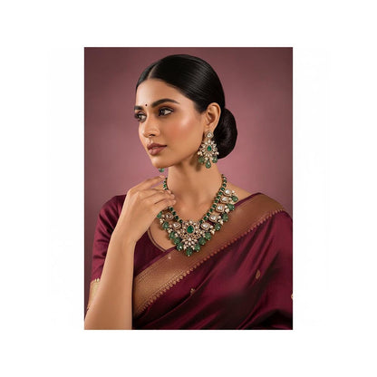 Auraa Trends Royal Emerald Green Kundan Necklace and Earring Set